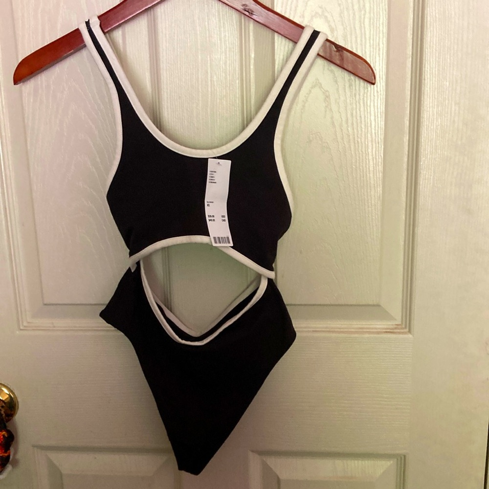 Urban Outfitters Thong Cut Out Bodysuit with White Piping and Mesh Panel